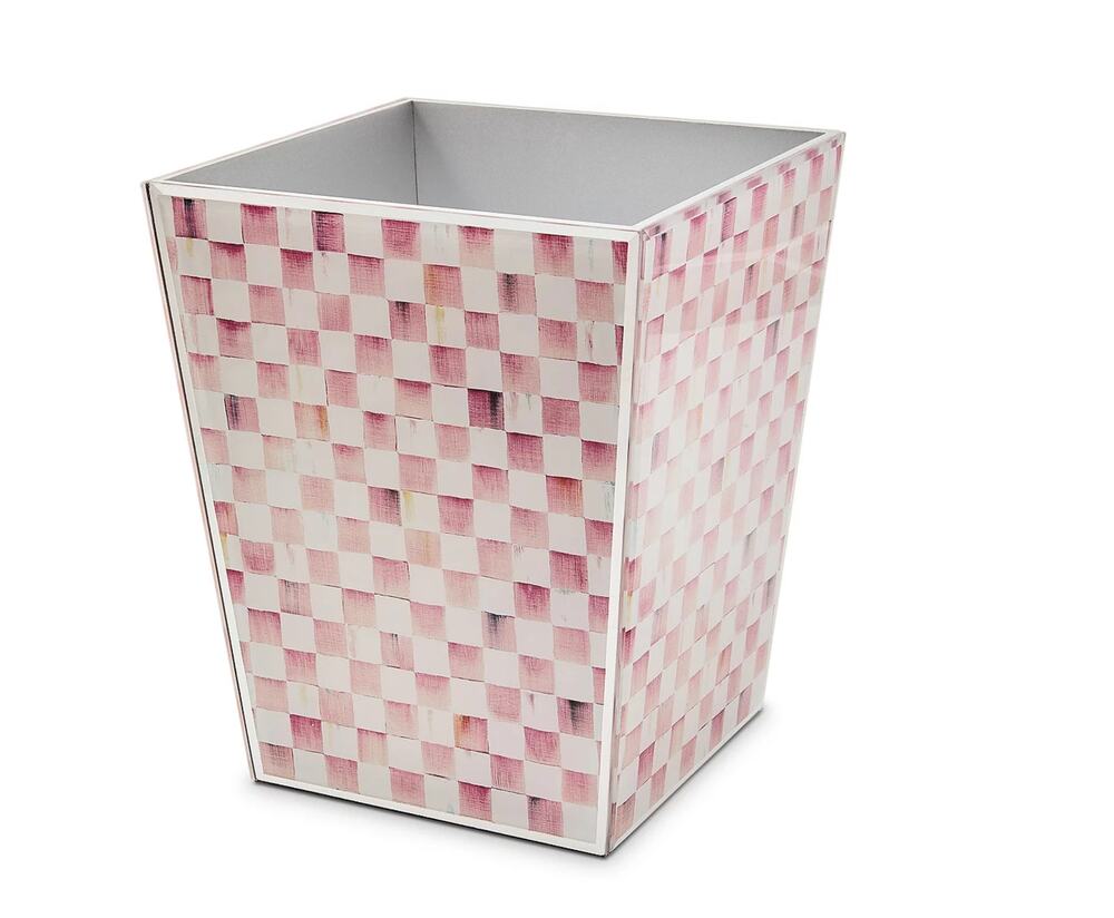 Brand New MacKenzie-Childs Rosy Check Glass Waste Bin Chic Pink White Homeware